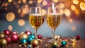 Beautiful glasses with champagne, sparkle decorative , holiday christmas festive background, Christmas balls wine