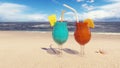 Beautiful glasses with cocktails on the sandy beach, washed by the ocean wave. 3D Rendering