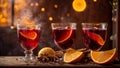 Beautiful glasses with mulled wine, cinnamon, star anise wine traditional