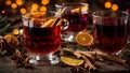 Beautiful glasses mulled wine, punch celebrate party holiday , aromatic star anise wine traditional drink decoration