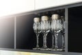 Beautiful glasses for wine, close-up. Modern kitchen design. Copispace