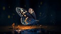 Beautiful glitter butterfly very close to the water surface. Generative ai