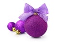 Beautiful glittering purple christmas balls with bright ribbon