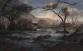 Beautiful gloomy painting of a river flowing through its banks covered with trees