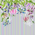 Beautiful gloriosa flowers on climbing twigs on colorful striped background. Seamless pattern. Floral border. Watercolor painting Royalty Free Stock Photo