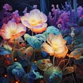 Beautiful glowing fantasy flowers in the mystical forest at night. Square painting, printable wall art Royalty Free Stock Photo