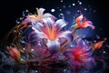 Beautiful Glowing Lily Flowers with Fresh Water Splash on Dark Background