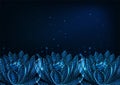 Beautiful glowing low polygonal waterlily, lotus flower boder on dark blue background Royalty Free Stock Photo