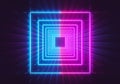 Glowing neon lights square tunnel abstract background. pink and blue vibrant colors. 3d rendering