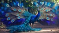 A beautiful glowing Peacock with shinning feathers flying in the air