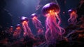 Beautiful glowing purple jellyfish swim underwater among sea inhabitants Royalty Free Stock Photo