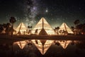 beautiful glowing view of giant buildings in the shape of pyramids on other planet