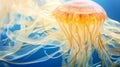 Beautiful glowing yellow jellyfish dancing in blue ocean water background Royalty Free Stock Photo