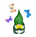 Beautiful gnome with butterflies. Spring, summer watercolor for birthday, anniversary design