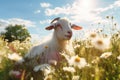 Beautiful Goat Grazing Peacefully on a Vibrant Sunny Meadow on a Bright Summer Day