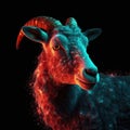 Beautiful Goat In Red Purple Fire On Black Background. Generative AI