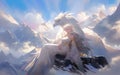 The beautiful goddess of the mountains with magic griffin sits atop tall snow-capped peaks.