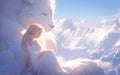 The beautiful goddess of the mountains with magic lion sits atop tall snow-capped peaks.