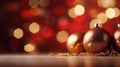 Beautiful gold Christmas balls on red background with golden bokeh, close-up, copy space, selective focus. Royalty Free Stock Photo