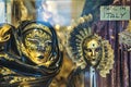 Beautiful gold elegant traditional venetian mask at carnival in Venice, Italy. Venice carnival masks, gold and black, selective Royalty Free Stock Photo