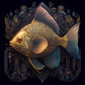 Beautiful gold fish on a black background with a decorative ornament. Royalty Free Stock Photo
