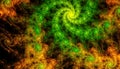 Beautiful gold and green background of glowing spiral with depth of field and bokeh. 3d illustration, 3d render