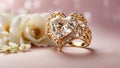 Beautiful gold ring with diamond in the shape of a heart, flowers pattern congratulation