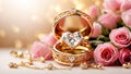 Beautiful gold ring with diamond in the jewel of a heart, flowers pattern congratulation