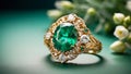 Beautiful gold ring emerald, flowers jewellery banner celebration