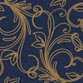 Beautiful gold string floral 3d seamless pattern. Textured denim jeans background. Tapestry repeat vector backdrop. Vintage swirls