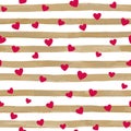 Beautiful gold and white seamless watercolor striped background with red hearts. Royalty Free Stock Photo