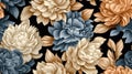 Beautiful Golden Beige Peach Soft Blue Ivory Gilding Flowers Seamless Tile. Generative AI