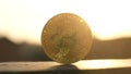 A beautiful golden bitcoin shining in the sun rays. Glittering cryptocurrency at sunset. Business investment into