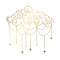 Beautiful golden cloud in bohemian style, linear hand drawn illustration. Vector boho tattoo, cloud with jewels and stars isolated