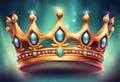 Beautiful golden crown with blue gemstones on blur background Generative AI