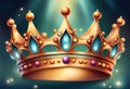 Beautiful golden crown with blue gemstones on blur background Generative AI