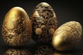 Beautiful golden easter eggs made with chocolate and pure gold on surface with reflections. Generative AI.