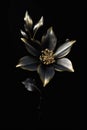 Beautiful golden flowers with black leaves isolated on a dark black background. Creative mystery concept. Elegant love