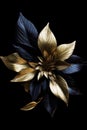 Beautiful golden flowers with black leaves isolated on a dark black background. Creative mystery concept. Elegant love