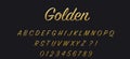 Beautiful golden font on a dark background. Full alphabet. Letters and numbers. 3D vector illustration. Royalty Free Stock Photo