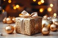 Beautiful golden gift box with bow and Christmas baubles Royalty Free Stock Photo