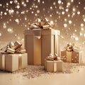 Beautiful golden gift box on light table against blurred festive lights