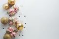 Beautiful golden gifts gloden baubles on white. Christmas, party, birthday background. Celebrate shinny surprise boxes copy space Royalty Free Stock Photo