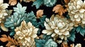 Beautiful Golden Green Beige Soft Blue Ivory Gilding Flowers Seamless Tile. Generative AI