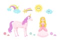 Beautiful golden-haired princess in pink dress, unicorn, smiling cloud, rainbow, star, sun and flowers isolated on white backgroun
