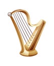Beautiful golden harp with five strings. Classic musical string instrument. Royalty Free Stock Photo