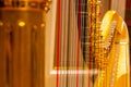 Beautiful golden harp strings close up. Musical instruments of the Orchestra in philharmonia Royalty Free Stock Photo