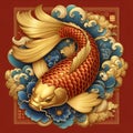 A beautiful golden koi fish in a painting, with chinese ancient style, red, blue and gold colors, top down view, wallart design Royalty Free Stock Photo