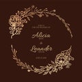 Beautiful Golden leaf floral decorative wreath, frame template for wedding invitation card. Vector. Eucalyptus leave and rose flow