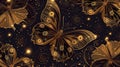 beautiful golden light butterfly and open space with stars and nebulas background, colorful creative light illustration